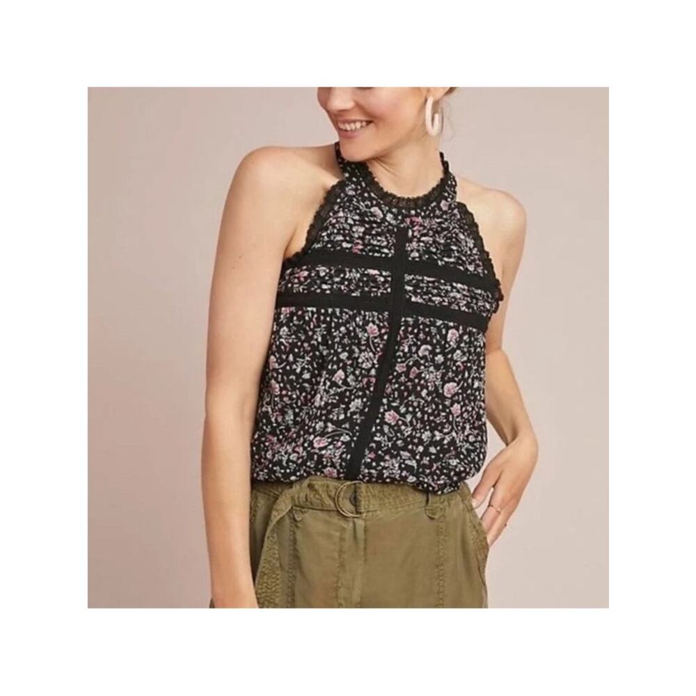 Anthropologie Maeve Black Floral Halter Blouse Pink Accents Size XS EUC